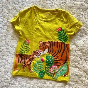 Mini Boden Bright Yellow Tee with Tiger and Floral Appliqué - Size 4–5